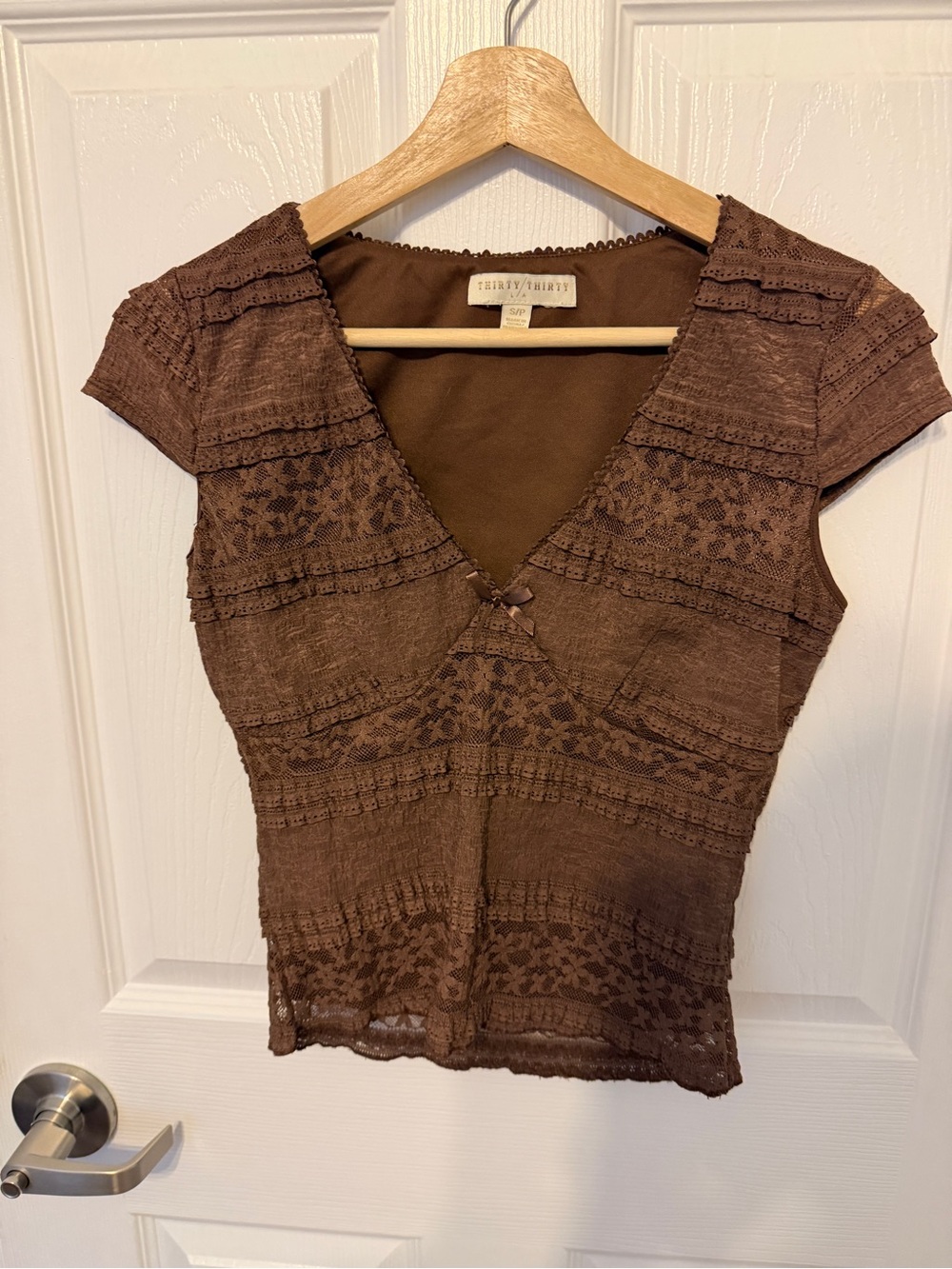 Tiered Lace V-Neck Crop Top in Brown